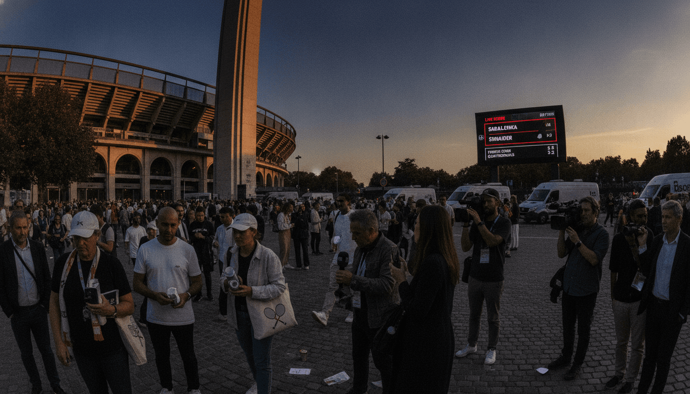 A bustling street scene outside Roland Garros during the Sabalenka Shnaider French Open Quarterfinals, with fans and reporters.