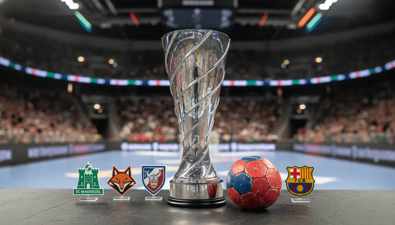 A close-up of the EHF Champions League FINAL4 trophy, gleaming under arena lights, with a handball resting beside it, symbolizing the competition.