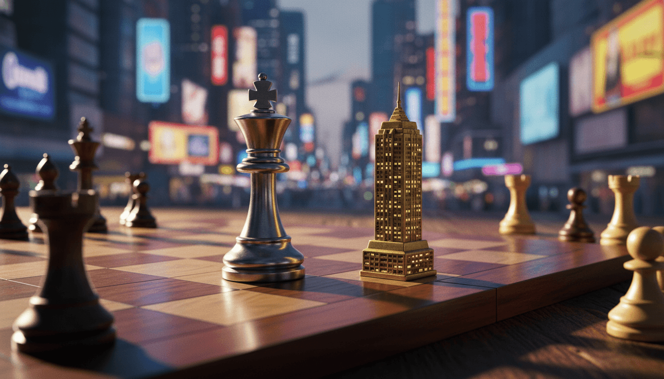 Conceptual image representing the Billionaire Diller makes $18 billion MGM Resorts bid: a chessboard with a king chess piece, representing Diller, strategically positioned to capture a castle piece, symbolizing MGM Resorts, against a backdrop of a neon-lit cityscape.