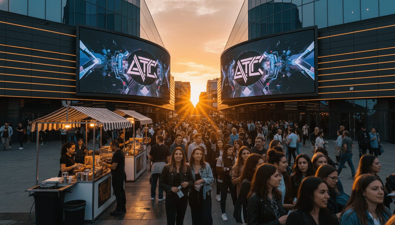 A vibrant concert venue full of cheering fans, with a stage lights illuminating the crowd, representing ATC Music Group posts record revenue and live event success.
