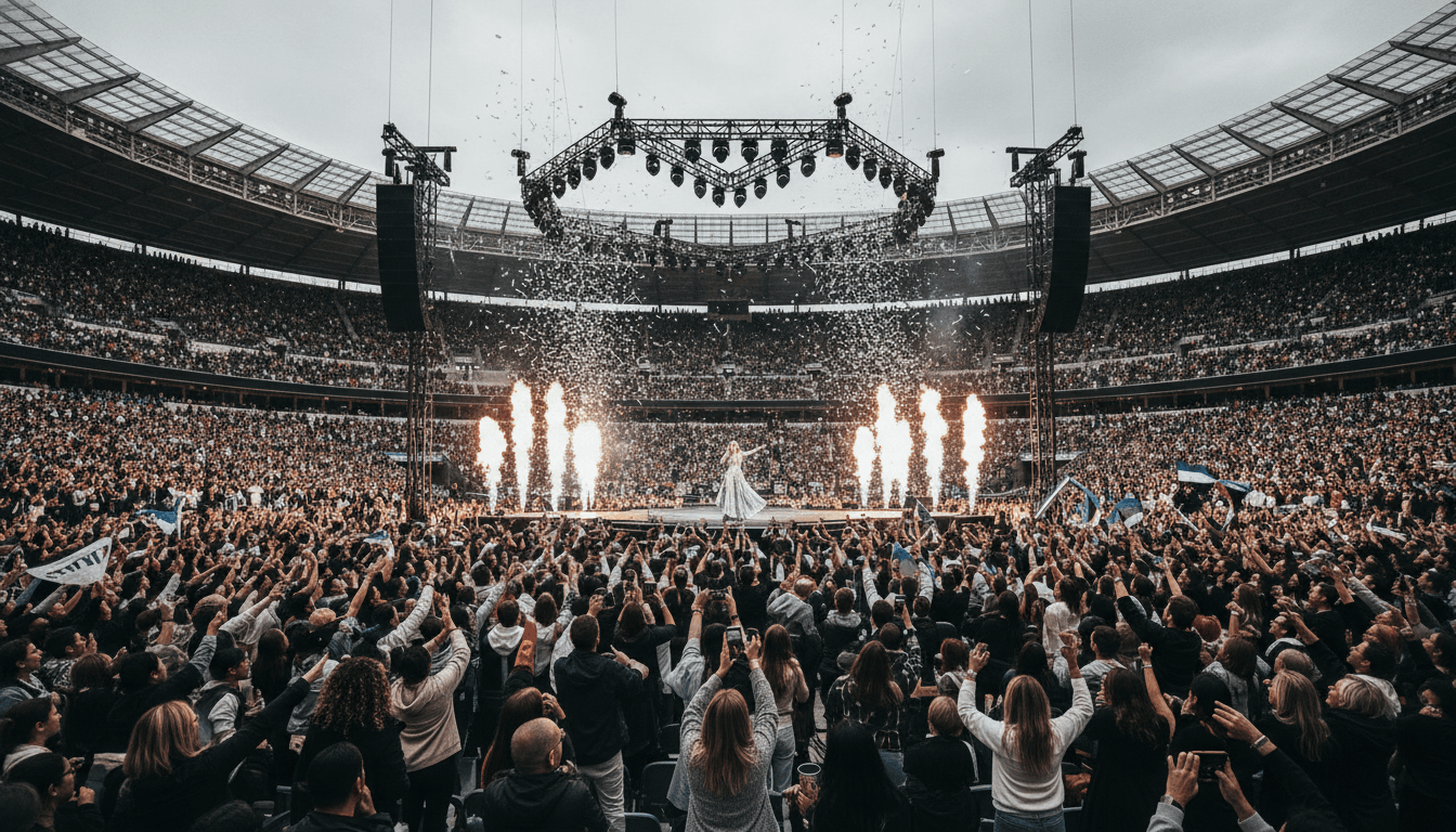 Taylor Swift performing on stage during The Eras Tour, symbolizing her status as the richest female musician ever.