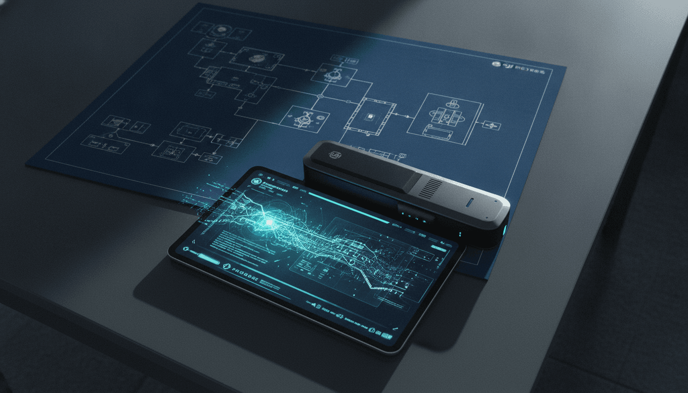 A curated still life composition of items representing Collective Defence acquires Asterion, including a sleek, dark drone, a glowing holographic cybersecurity interface, and a schematic of integrated defense systems on a minimalist table.