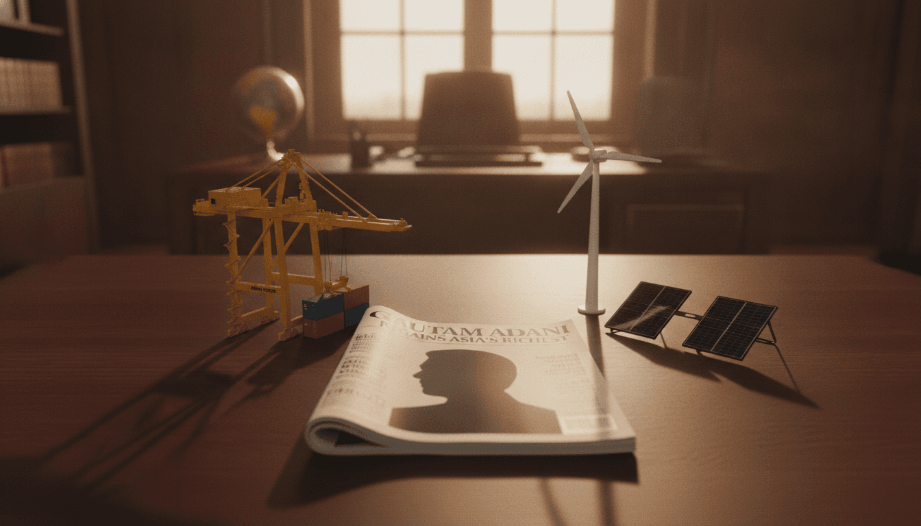 A detailed still life composition featuring a Forbes magazine cover with Gautam Adani regains Asia's richest headline, surrounded by miniature models of a port crane, a wind turbine, and a solar panel array, symbolizing his diverse business interests.