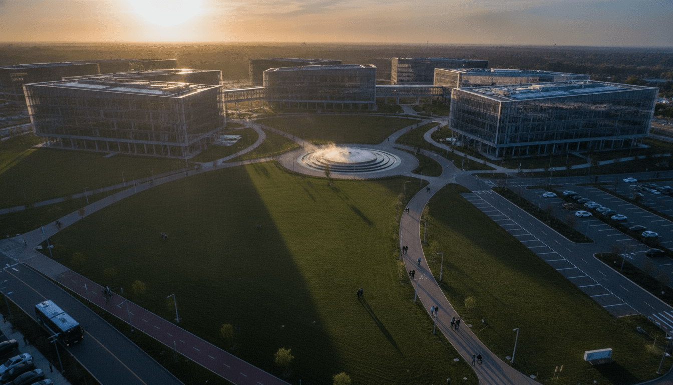 A bustling modern tech campus, symbolizing how Irwin Jacobs builds $253 billion Qualcomm giant, with sleek buildings and green spaces under a clear sky.