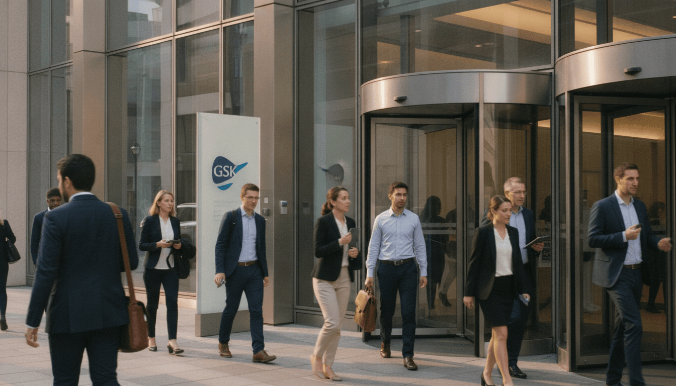 A modern pharmaceutical research laboratory with scientists in white coats working on advanced equipment, symbolizing GSK acquires Nuvalent's innovative drug development.