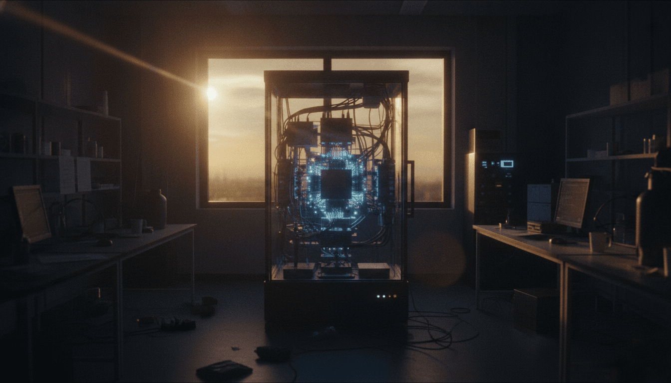 A silhouette of a person standing against a futuristic, glowing quantum computing circuit board, representing the Quantinuum founder becomes billionaire achievement.