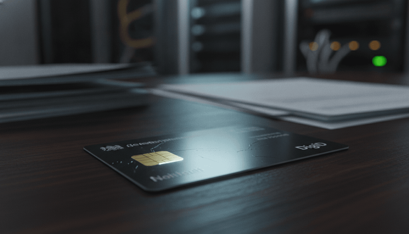 A close-up of a digital ID card, possibly a Dutch DigiD, with intricate microchip details, representing the sensitive data at the heart of the Dutch authorities block Kyndryl deal.