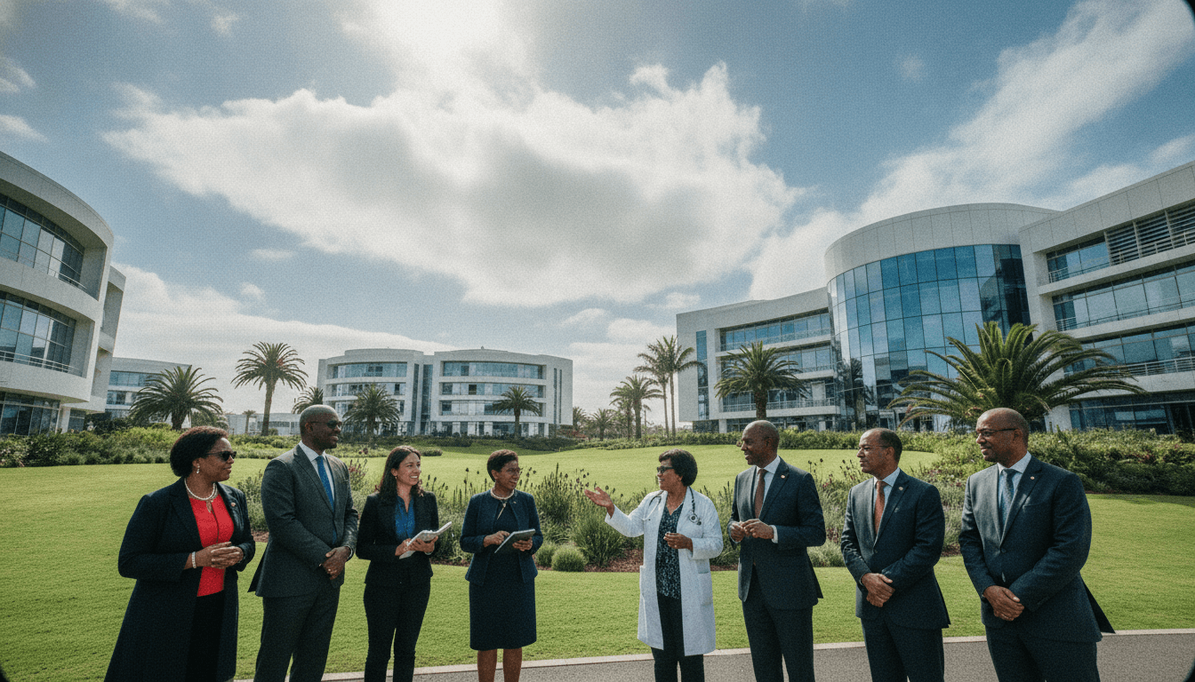 Patrick Soon-Shiong, Los Angeles' richest man, standing in front of a modern biotech facility in Cape Town, South Africa, alongside President Cyril Ramaphosa.