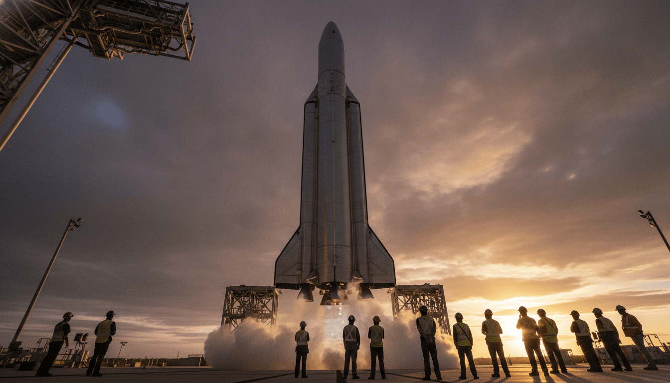 A sleek, silver SpaceX Starship rocket stands tall on a launchpad at dawn, with the glow of engines just starting to ignite, symbolizing the momentous SpaceX IPO.