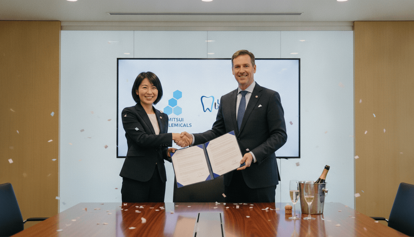 Executives from Mitsui Chemicals and Ultradent shaking hands after signing the acquisition agreement, symbolizing Mitsui Chemicals acquires Ultradent.