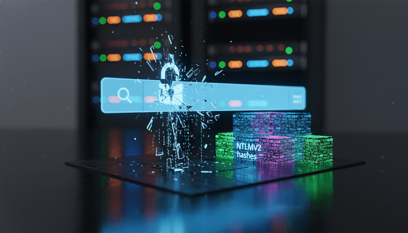 A digital representation of a Windows Search bar with a glowing red warning icon, illustrating the Windows Search URI vulnerability and the theft of NTLMv2 hashes.