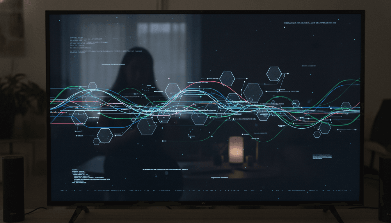 A close-up of a smart TV screen displaying distorted data streams and code, symbolizing free apps turning smart TVs into web-scraping proxies for AI.