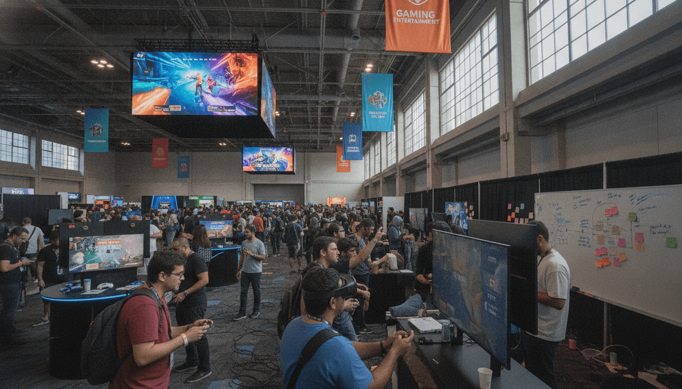 A wide shot of a bustling Summer Game Fest 2026 exhibition hall with attendees testing new games, showcasing how the gaming industry refocuses on exclusives.