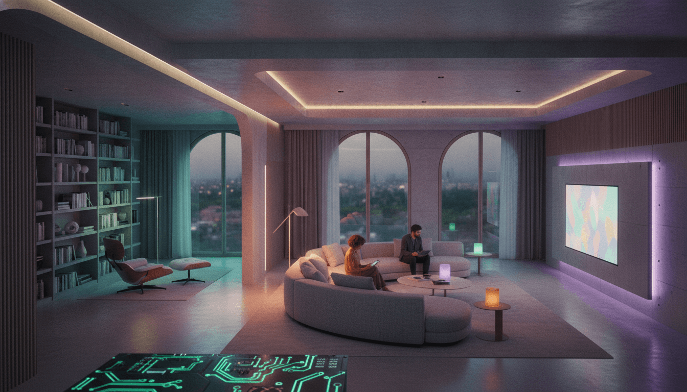Aerial shot of a modern living room illuminated by the dynamic, spatially aware lighting from a Philips Hue Bridge Pro system, showcasing various color gradients.