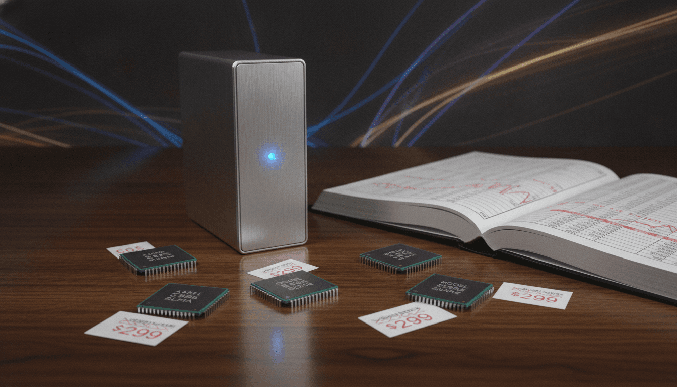 A meticulously arranged still life featuring miniature server racks, a stack of diverse, labeled computer chips representing cheaper AI models, and a small, glowing abacus, all set against a subtly blurred backdrop of a financial ledger.