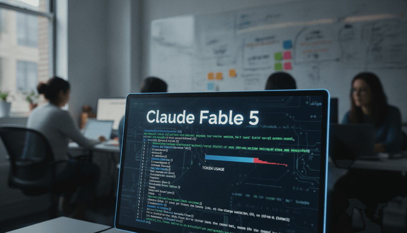 Close-up of a digital interface displaying 'Claude Fable 5' model information and token usage metrics, reflecting that Anthropic launches Claude Fable 5.