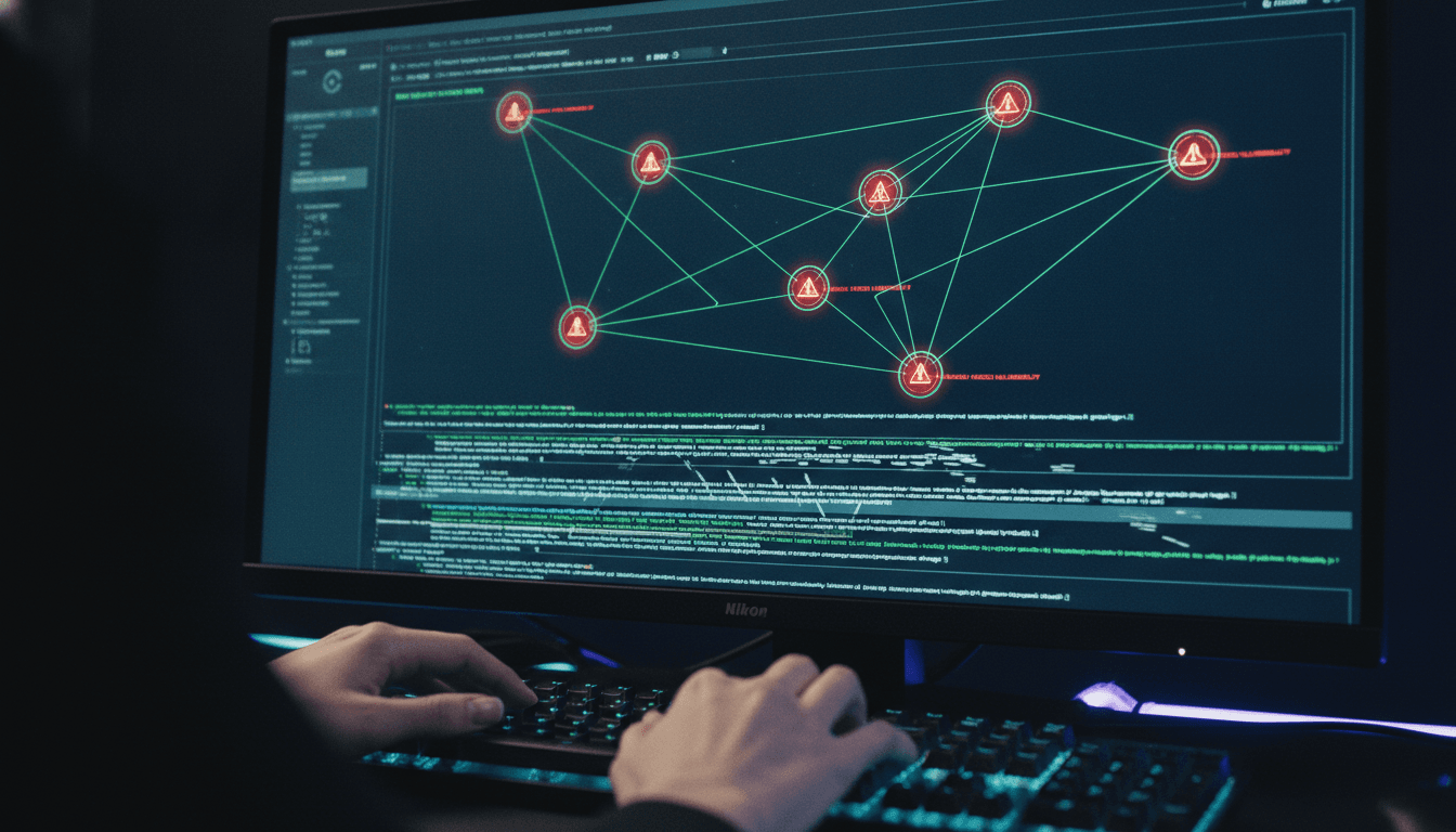 A digital interface displaying a network graph with red alerts indicating areas an automated pentest misses, highlighting critical vulnerabilities.
