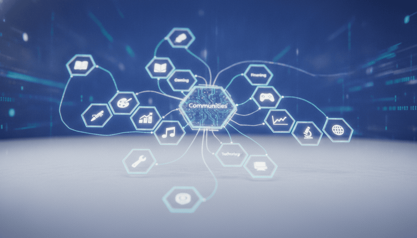 A stylized, glowing network of interconnected nodes representing the Bluesky platform, with a central node prominently displaying 'Communities' and smaller, distinct clusters radiating outwards, symbolizing diverse interest groups.