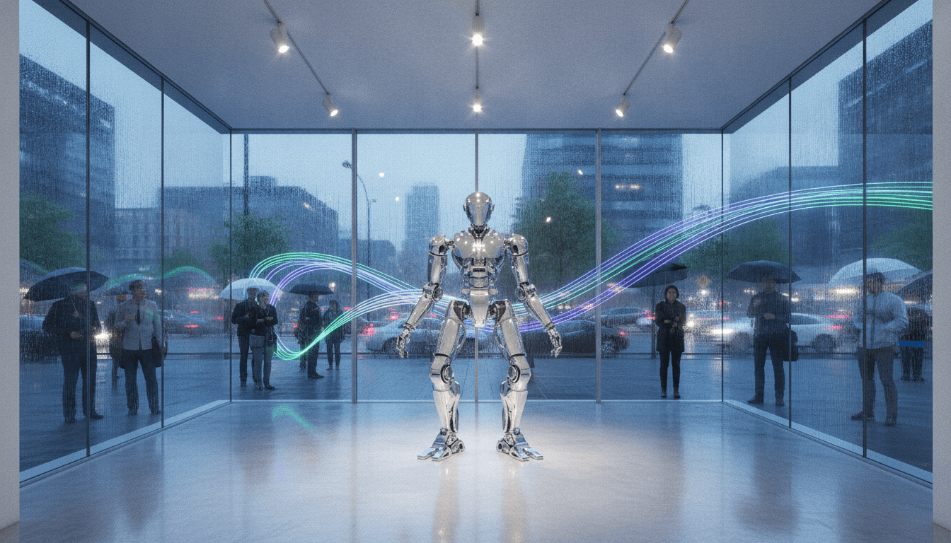 Theker co-founders standing proudly in front of a sleek, modular, and versatile factory robot with interchangeable parts.