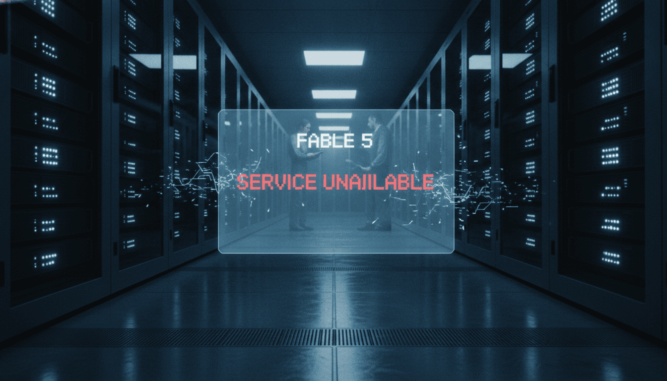 A digital representation of Anthropic's Claude AI interface with a 'currently unavailable' message regarding foreign national access to Fable and Mythos.