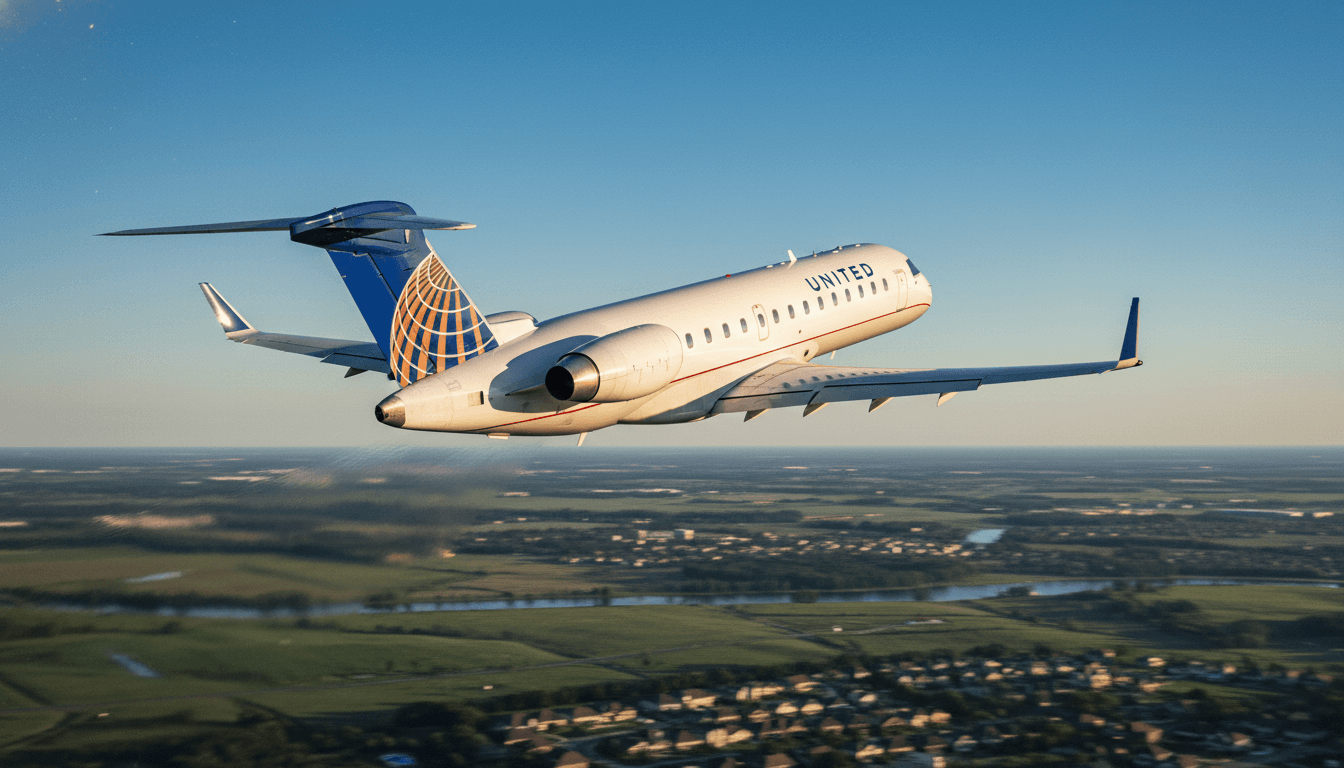 A sleek United Express Bombardier CRJ200 aircraft taking off from a runway at sunrise, symbolizing the United Express launches new daily route.