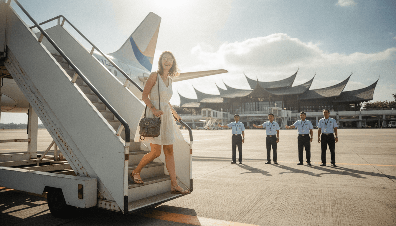 An international tourist smiling as they disembark a plane in Bali, greeted by airport staff, symbolizing the new visa-free Bali initiative.
