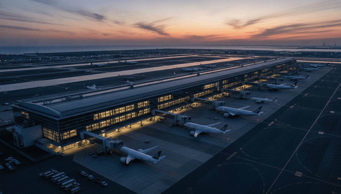 An aerial view of Kansai International Airport at dusk, showcasing the newly completed massive Terminal 1 expansion with illuminated windows.