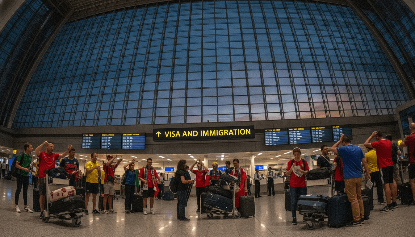 A wide shot of a bustling international airport terminal, with diverse groups of football fans carrying flags and team scarves, looking frustrated at a 'Visa Application' counter, highlighting US travel bans and visa restrictions.