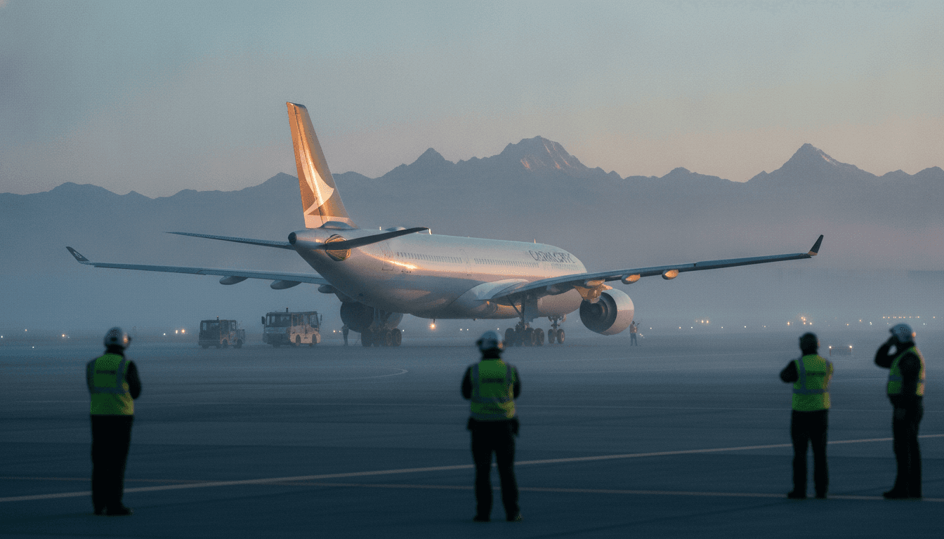 An Airbus A330-300, representing the Hong Kong-Almaty direct flights, is partially visible in the misty morning light on a tarmac with distant mountains.