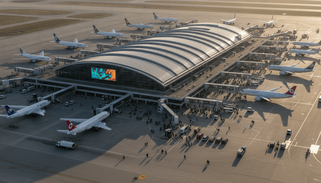An aerial view of a bustling airport terminal with planes at gates and an Expedia Vacations Promo Link banner digitally overlaid on a departure board.