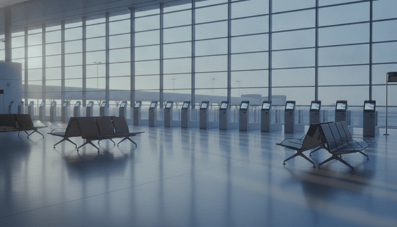 An empty, futuristic airport gate area at dawn, featuring new, high-tech gates with sleek digital displays and automated boarding systems.