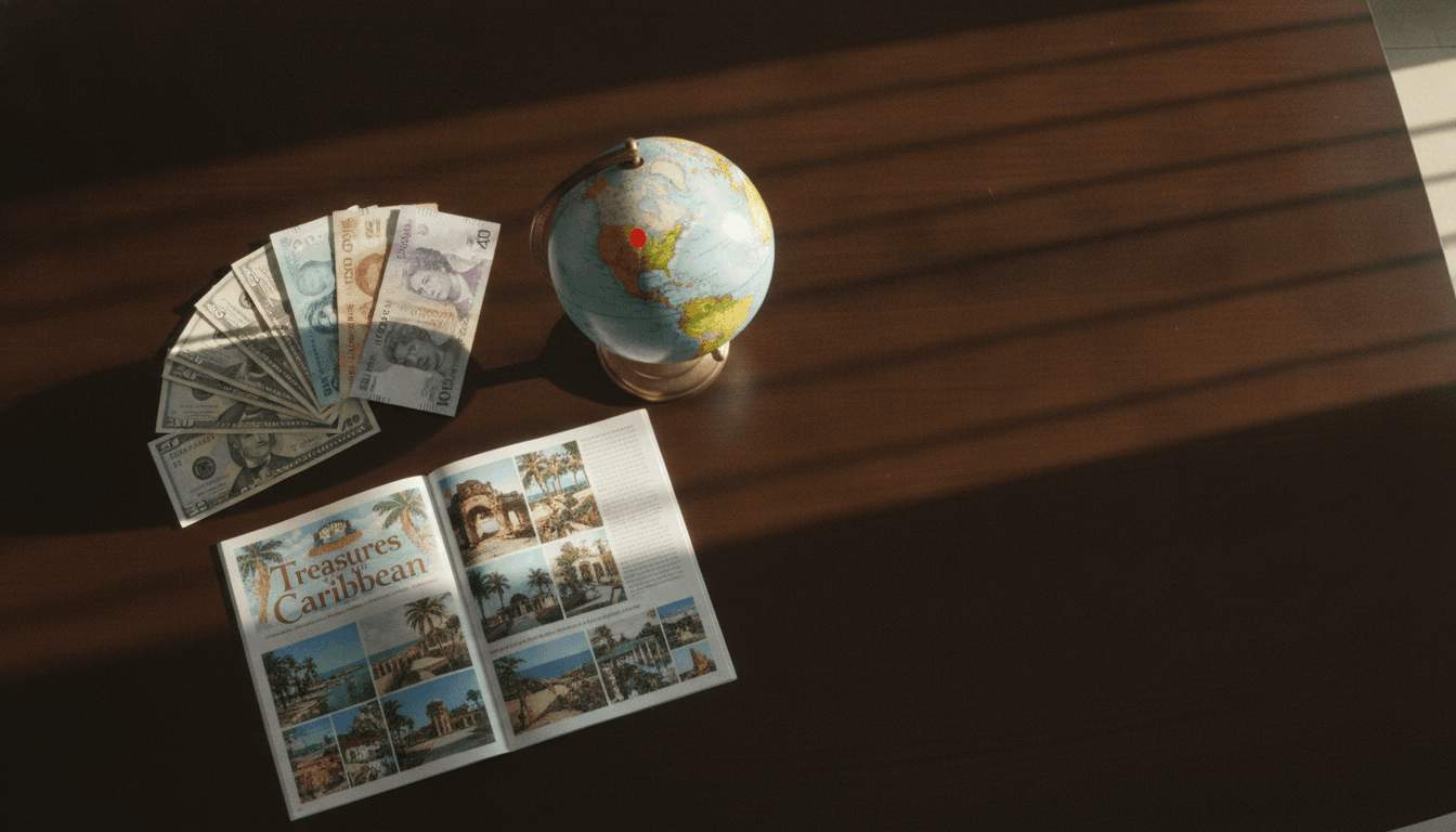 A curated still life featuring a small globe with North and Central America highlighted, next to a stack of US dollar bills, a Costa Rican colón note, a Mexican peso, and a Canadian dollar, all arranged on an open travel guide for the Caribbean, symbolizing how US travelers abandon long-haul destinations for closer, more affordable options.