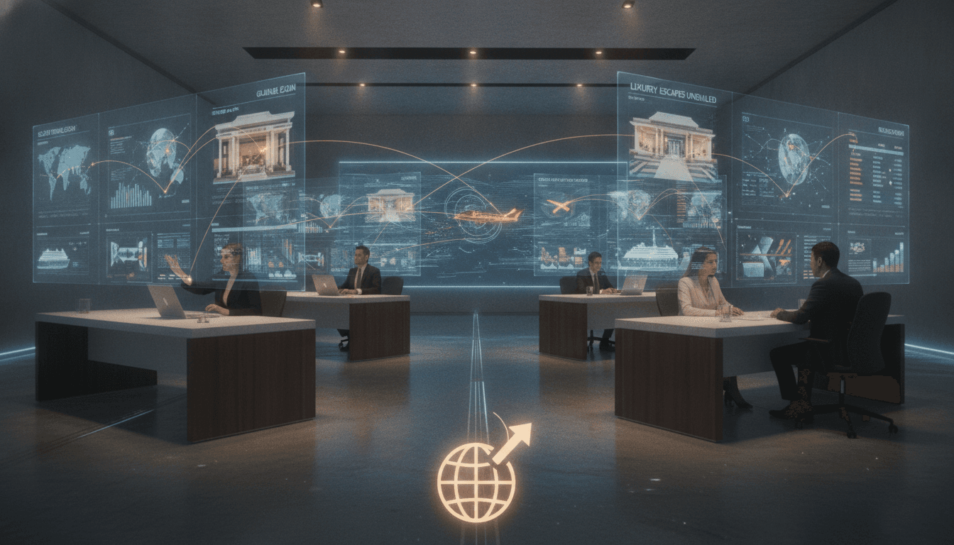 A futuristic newsroom with digital screens displaying headlines and data related to global travel industry communication, highlighting the impact of digital news distribution.