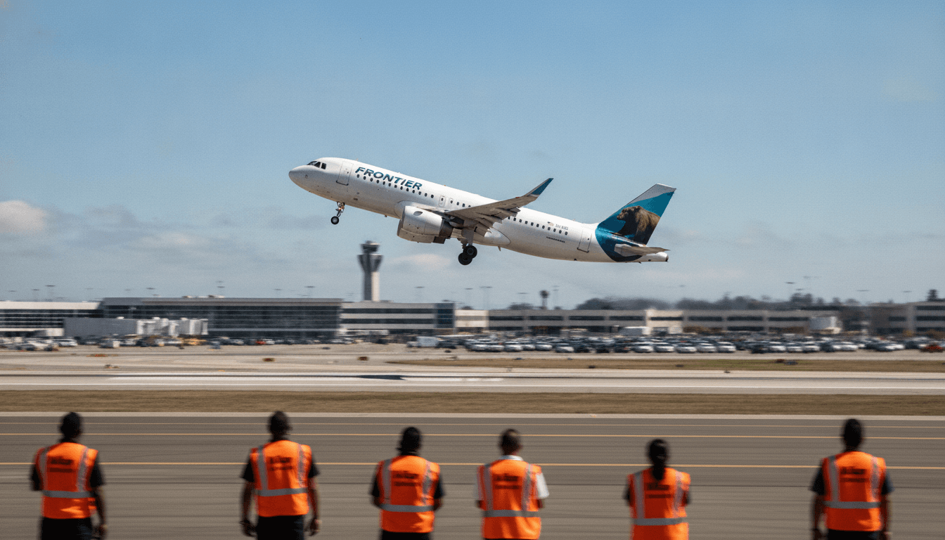 A Frontier Airlines aircraft with a bear painted on its tail lifts off from the runway at Oakland San Francisco Bay Airport, symbolizing Frontier Airlines returns to Oakland.