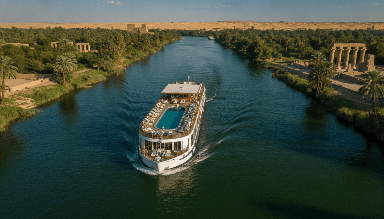 An aerial view of a luxury cruise ship navigating the Nile River, showcasing how luxury cruises lead Egypt tourism.