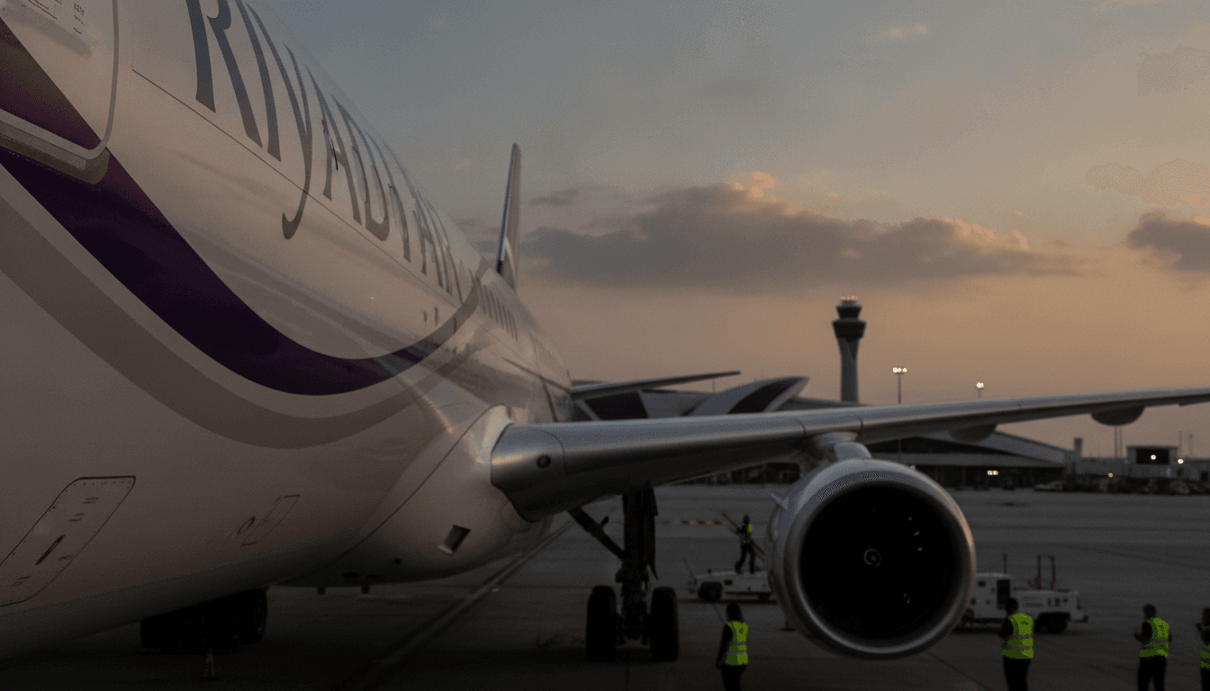 Close-up detail of a modern airplane wing with the Riyadh Air logo prominently displayed, preparing for takeoff on the Riyadh Air Heathrow route.