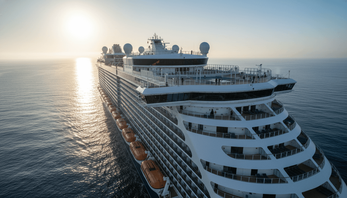 A serene, sun-drenched cruise ship sailing on calm turquoise waters, representing top cruise routes for first-time travelers in 2026.