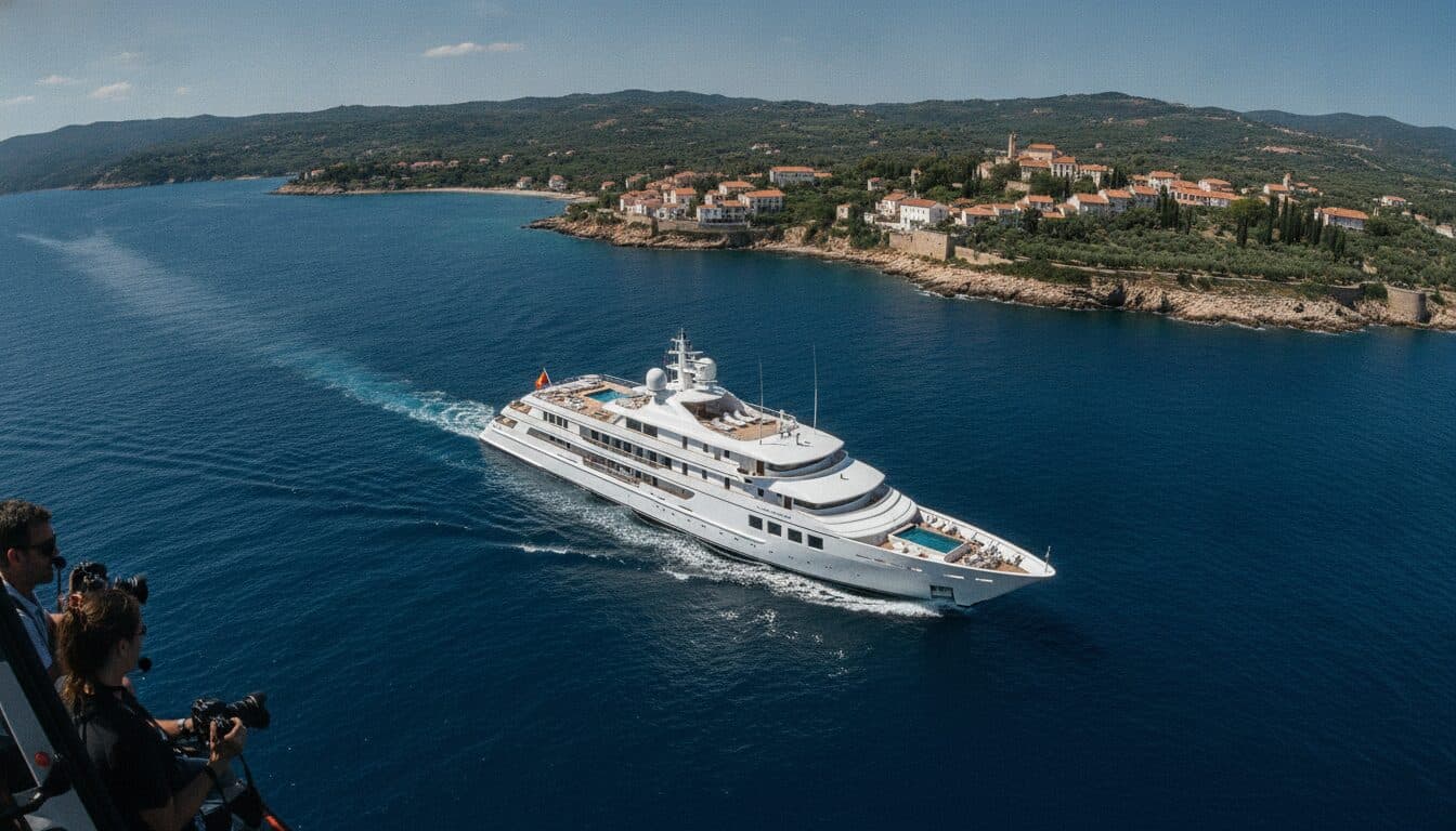 Aerial view of the sleek Amangati cruise yacht navigating the turquoise waters of the Mediterranean Sea, strengthening premium tourism links between coastal cities.