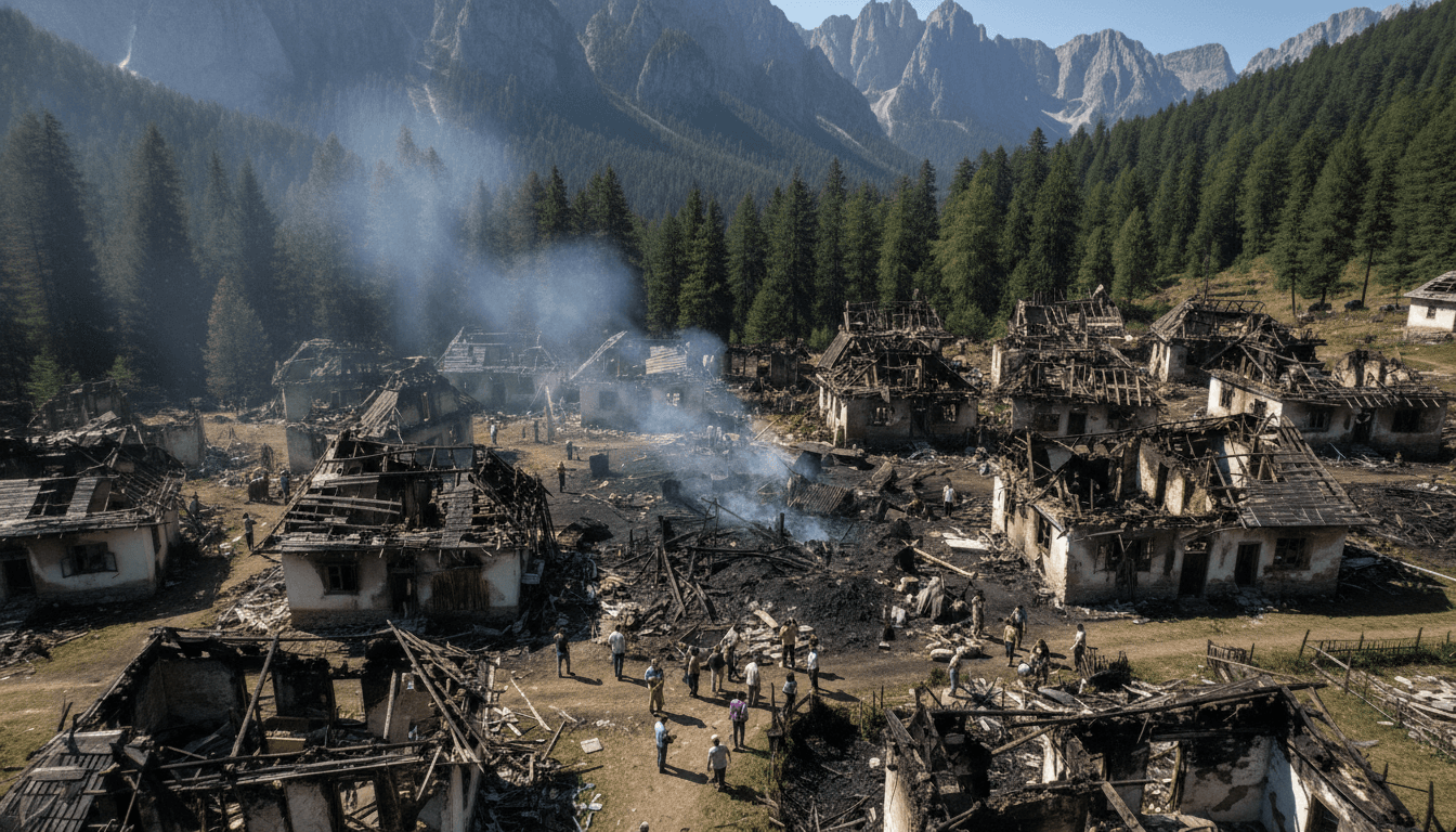 An aerial view showing the widespread destruction caused by the Myanmar deadly village blast, with damaged homes and debris scattered across the landscape.