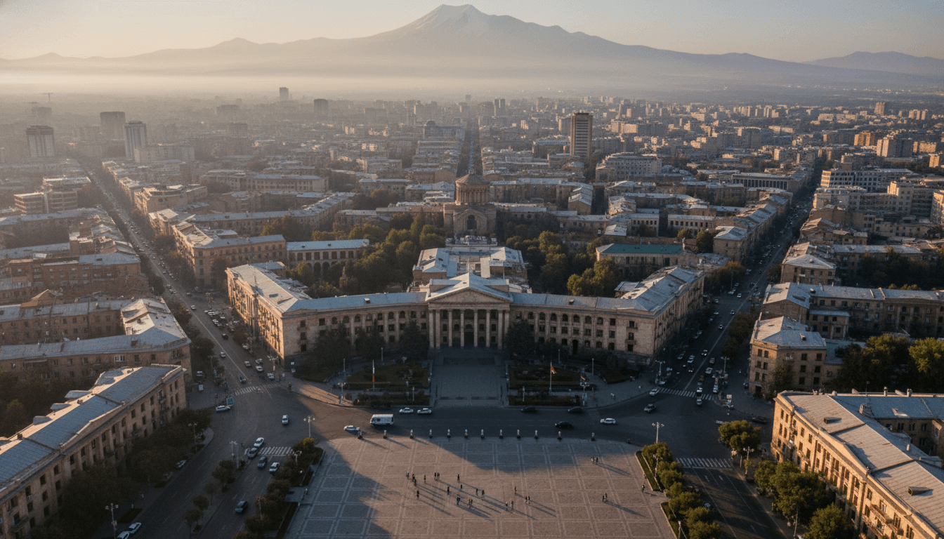 Aerial view of Yerevan, Armenia, with government buildings and a bustling city center under a clear sky, symbolizing the Critical Armenia Election.