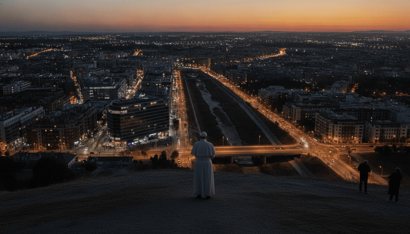 A silhouette of Pope Leo XIV, with a subtle glow, standing on a hill overlooking a sprawling, modern Spanish city at dusk, representing how Pope Leo's Spain visit highlights polarization.