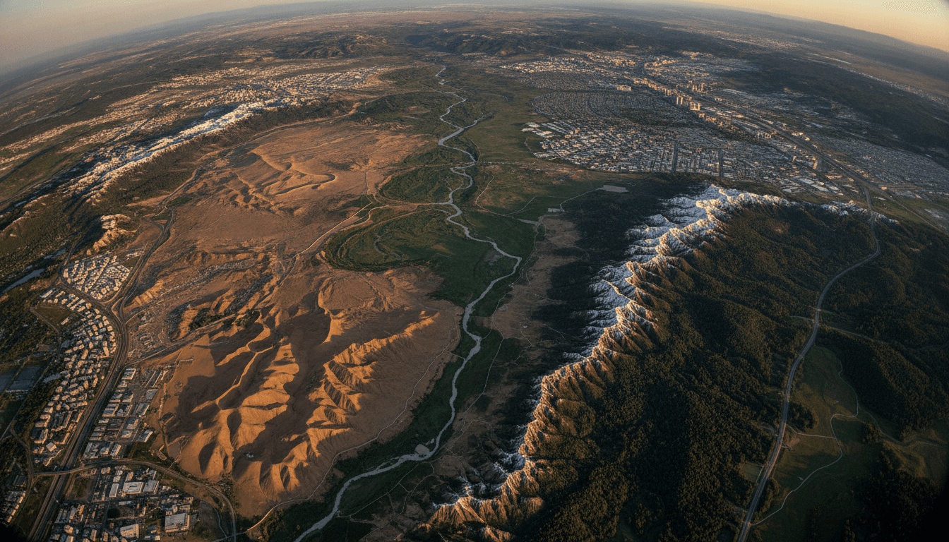 Aerial view of a complex, fragmented landscape with various geographical features symbolizing the spread of global conflict levels highest since WWII.