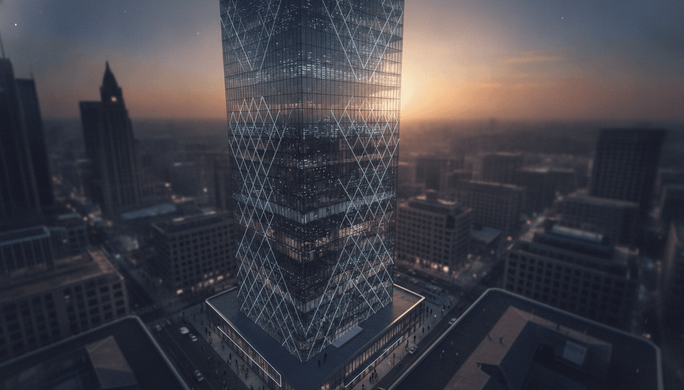 A futuristic, sleek financial exchange building at dawn, with digital lines of data flowing across its facade, symbolizing the OpenAI stock market debut.