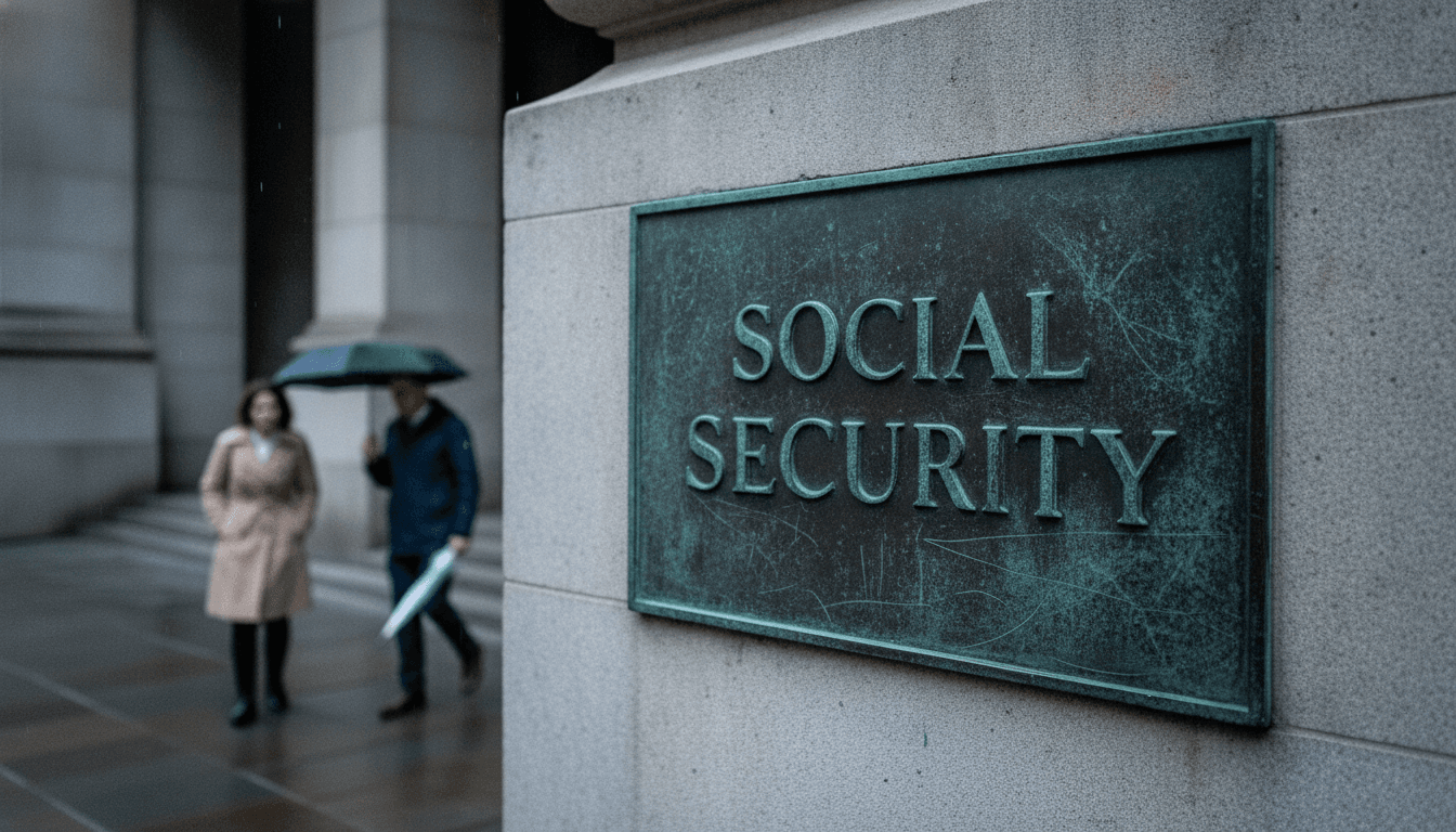 A close-up of a worn, weathered bronze plaque with the words 'Social Security' etched into it, symbolizing the aging system and the Social Security shortfall accelerates.