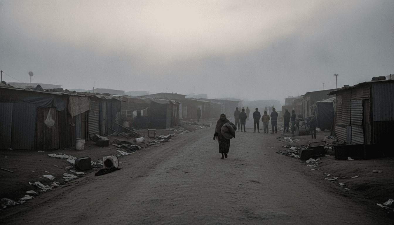 A desolate road winding through an informal settlement at dawn, with a misty sky over Johannesburg after a deadly mass shooting.