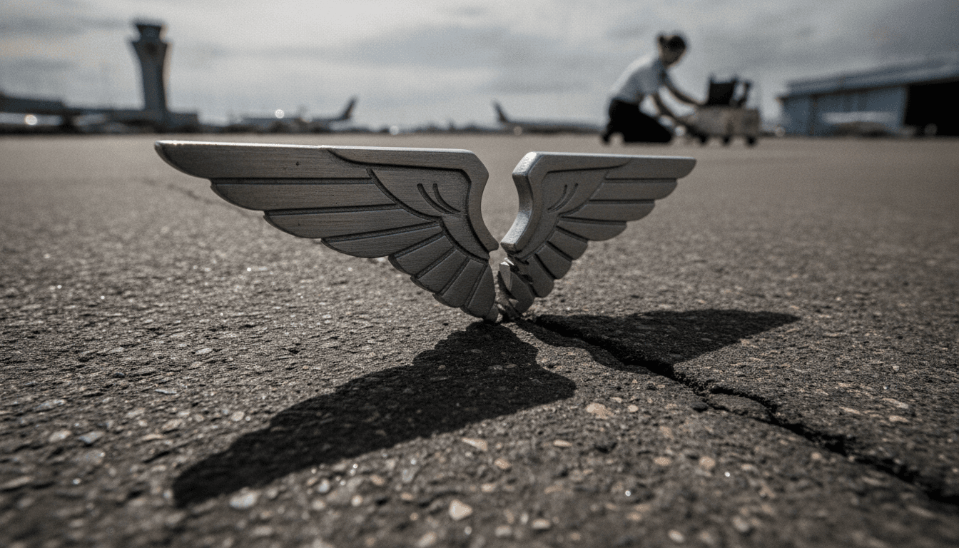 Conceptual image representing the Air Canada pilot fake license scandal, with a stylized pilot's wing icon casting a long, fractured shadow on a tarmac.