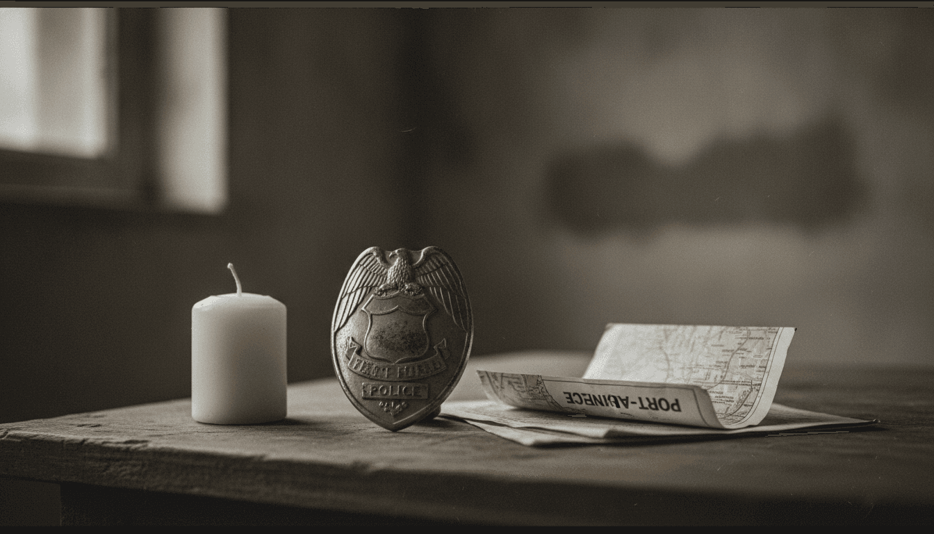 A composed still life featuring a worn, leather-bound police badge, a small, overturned map of Port-au-Prince, and a single, unlit candle, symbolizing the precarious state of a Haiti security official kidnapped.