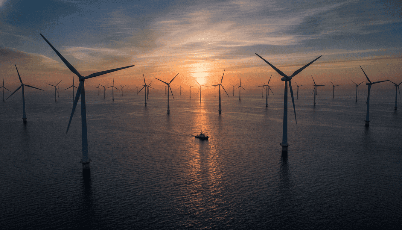 Large floating offshore wind turbines in the Celtic Sea at dawn, symbolizing the UK Japan investment deal in clean energy.