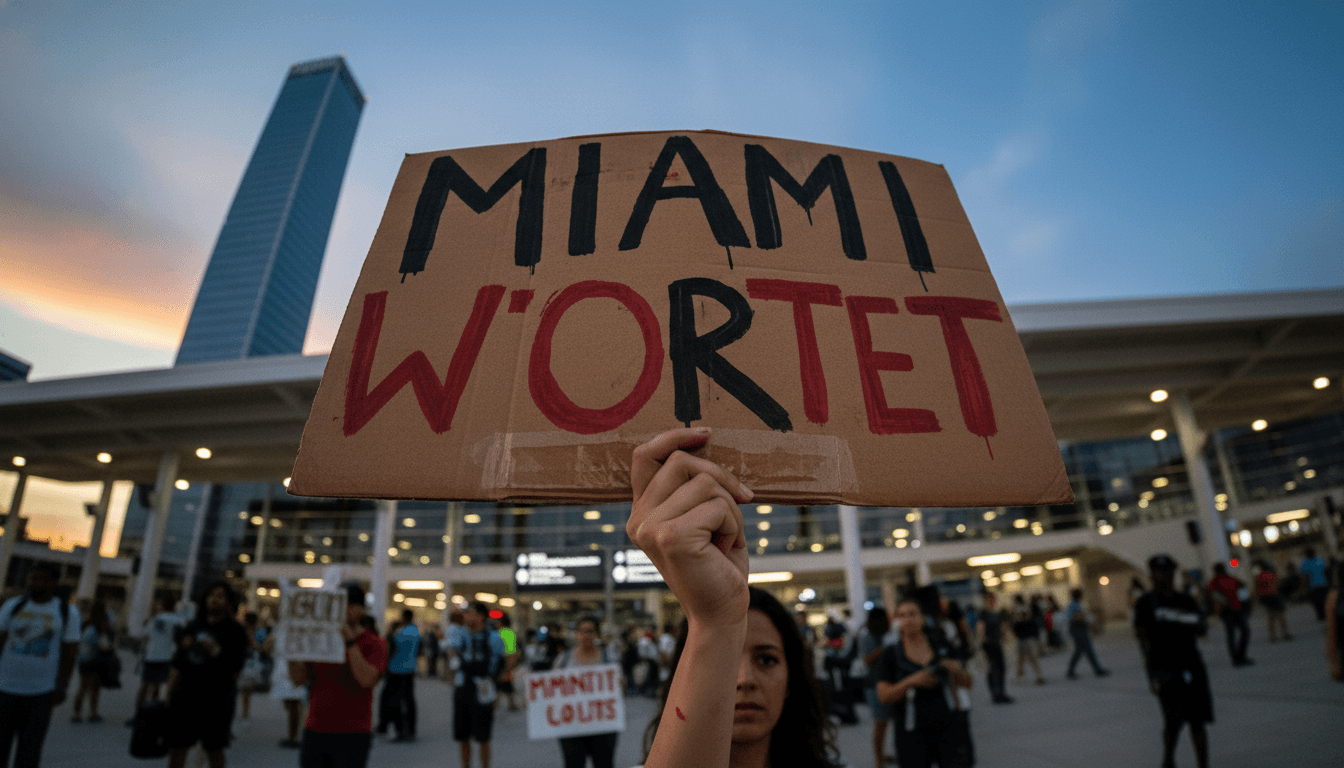 Close-up of a demonstrator's hand holding a protest sign against Cuba sanctions protests at Miami International Airport.