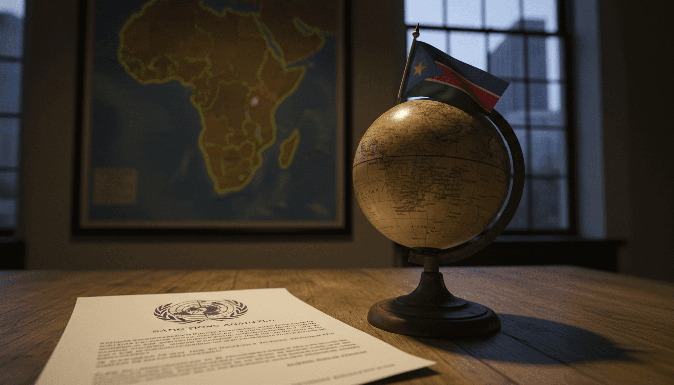 A formal document from the United Nations laying on a table next to a stylized map of South Sudan, with a small, distressed South Sudanese flag in the foreground, representing the US blaming Kiir for obstructing peace progress.